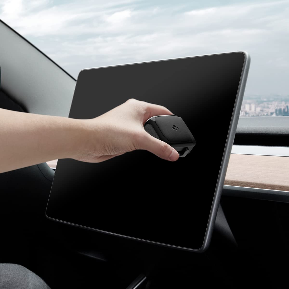 Spigen EZ Slide & Brush Screen Cleaner for Tesla Model Y 2025/26 (Juniper) & 3/Y/S/X/Cybertruck and Screens, Phones, Laptops, Tablets - No Solution Needed (Extra Microfiber Pad Included) [Black]