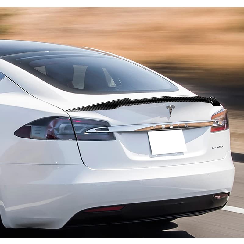 HYPERSPEED Real Carbon Fiber Trunk Spoiler Wing Lip kit Rear V-Style Fit for 2012 2013 2014 2015 2016 2017 2018 2019 2020 2021 2022 Tesla Model S, Car Mods Accessories Replacement, (2-SPC-7406-CF)