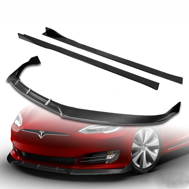 HK5 9pcs Combo Front Bumper Body Kit Lip + Side Skirt Extensions Diffuser Compatible with 2016-2020 Tesla Model S 2017 2018 2019 (Painted Carbon)