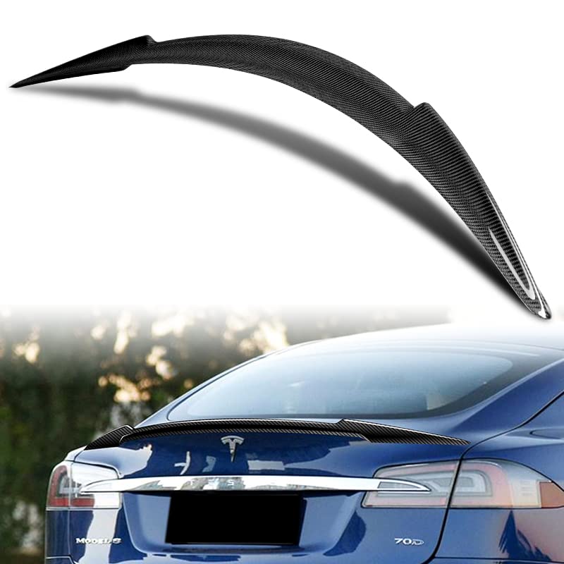 HYPERSPEED Real Carbon Fiber Trunk Spoiler Wing Lip kit Rear V-Style Fit for 2012 2013 2014 2015 2016 2017 2018 2019 2020 2021 2022 Tesla Model S, Car Mods Accessories Replacement, (2-SPC-7406-CF)