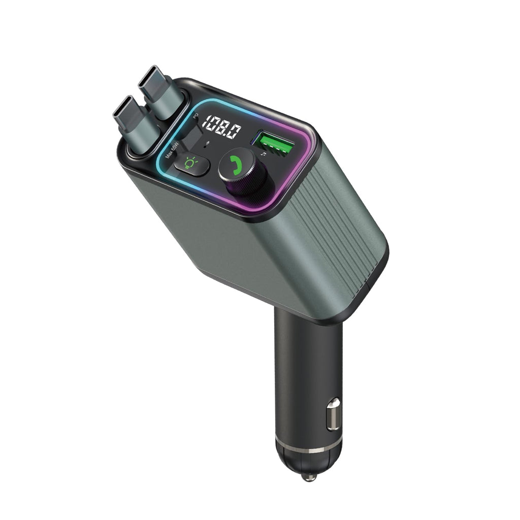 GXY KIT 3 in 1 Retractable Car Charger Adapter & FM Transmitter Bluetooth Mp3 Player- Max 65W + 18W with 2 PD Fast Charging,2 Retractable Cables & USB-A Music Playback for iPhone,iPad,Samsung,Pixel