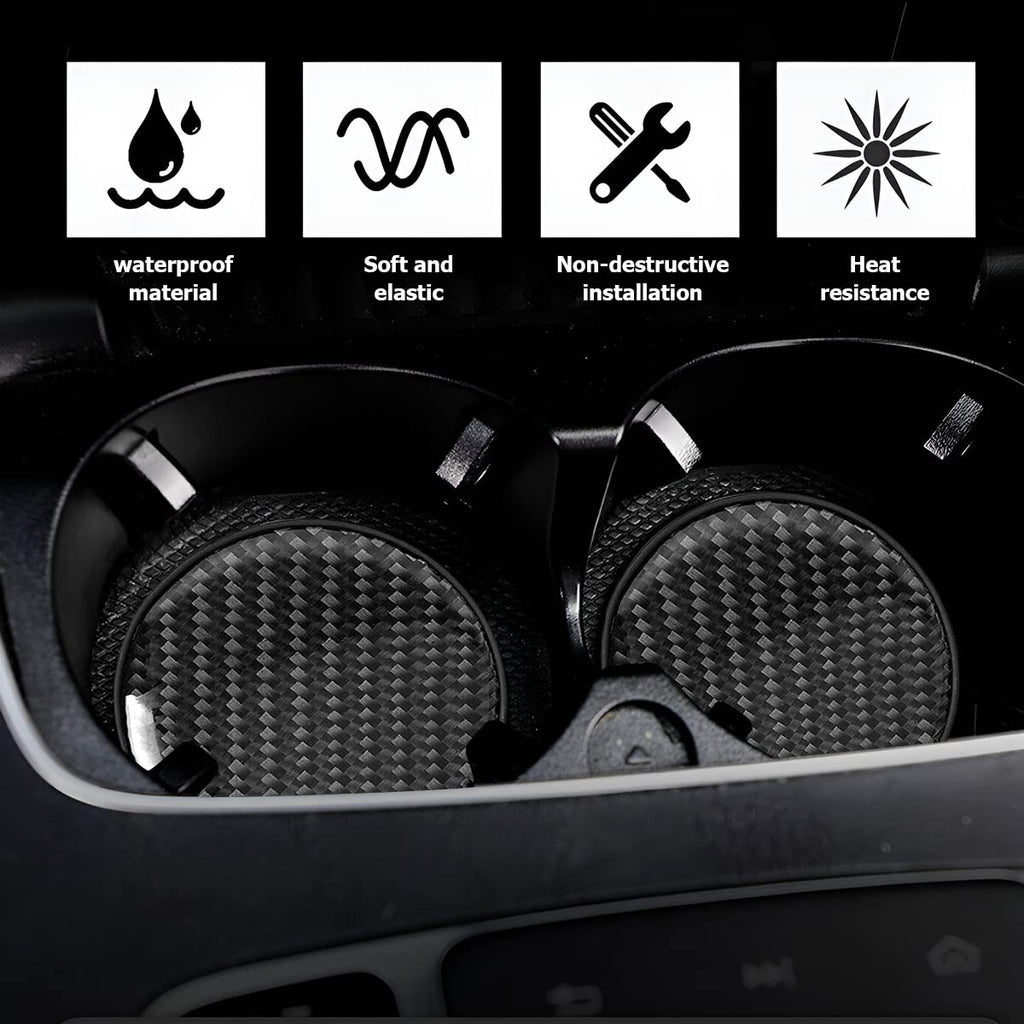 BESULEN Car Cup Holder Coaster, 2 PCS Carbon Fiber Non-Slip Embedded Coasters, Universal 2.75 Inch Cup Holder Insert Coaster Pad, Sports Racing Durable Drink Mat, Car Interior Accessories