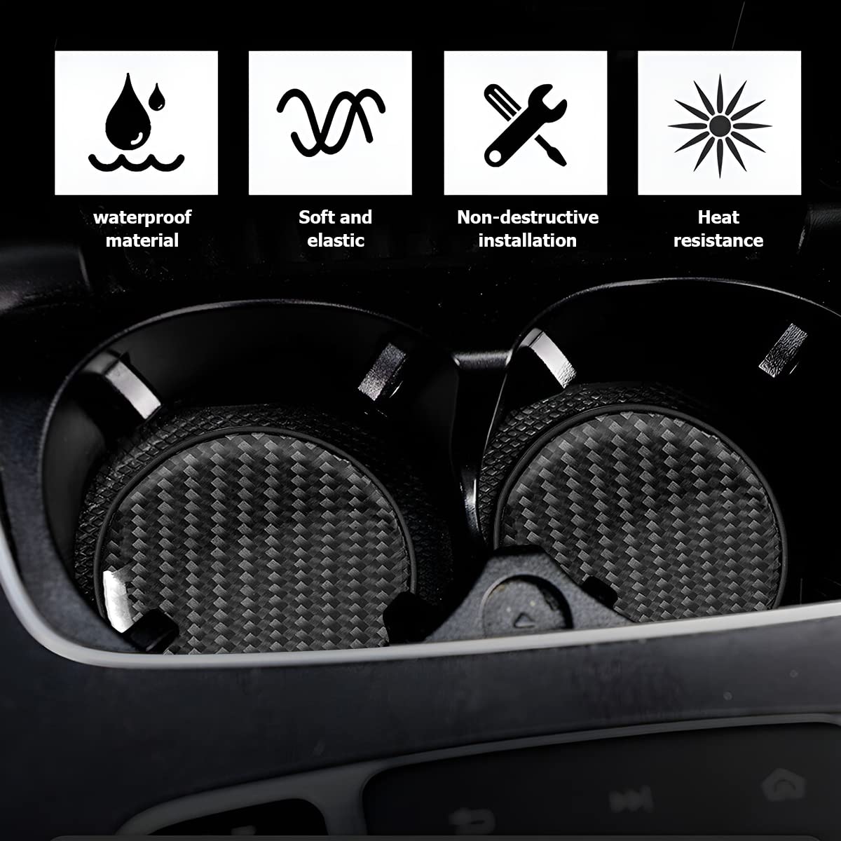 BESULEN Car Cup Holder Coaster, 2 PCS Carbon Fiber Non-Slip Embedded Coasters, Universal 2.75 Inch Cup Holder Insert Coaster Pad, Sports Racing Durable Drink Mat, Car Interior Accessories