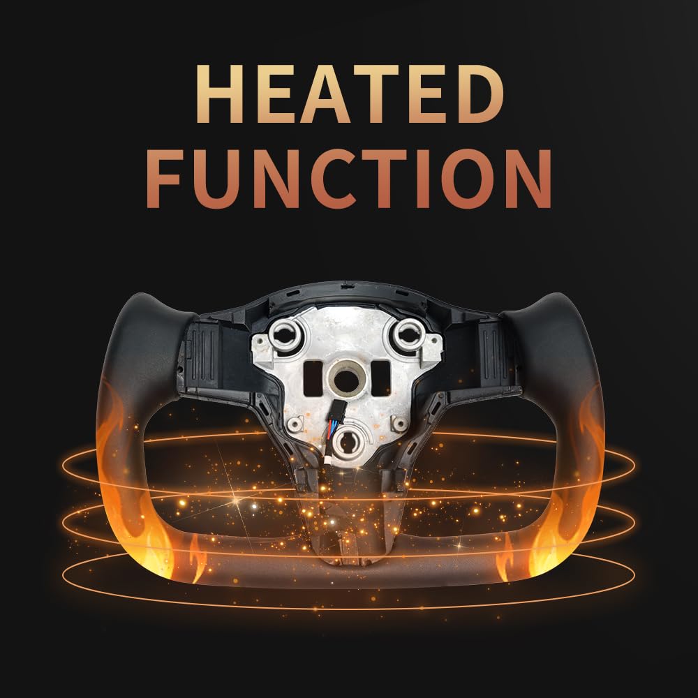 JIANGGAI Yoke Steering Wheel, Black Microfiber Leather with Side Carbon Fiber for Tesla Model 3/Y 2017-2023 With Heating Function