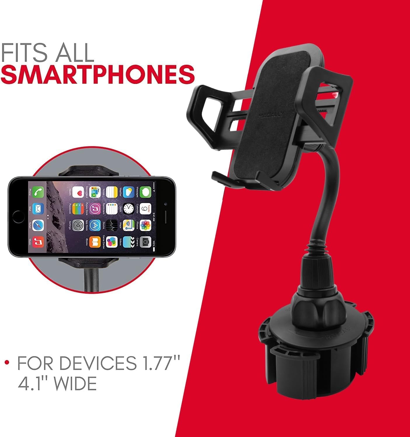 Macally Car Cup Holder Phone Mount - Securely Holds Phones up to 4.1” Wide - Flexible Gooseneck & 360° Rotatable Cradle