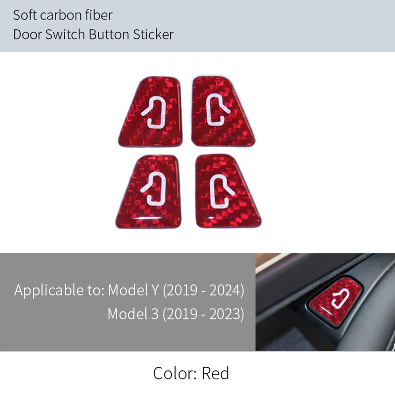 HarmoFolk Premium Carbon Fiber Door Button Decals for Tesla Model 3 (2019-2023) & Model Y (2019-2024) Textured Protective Film (Red/Black) | Exact Fit | Interior Accessories (Red)