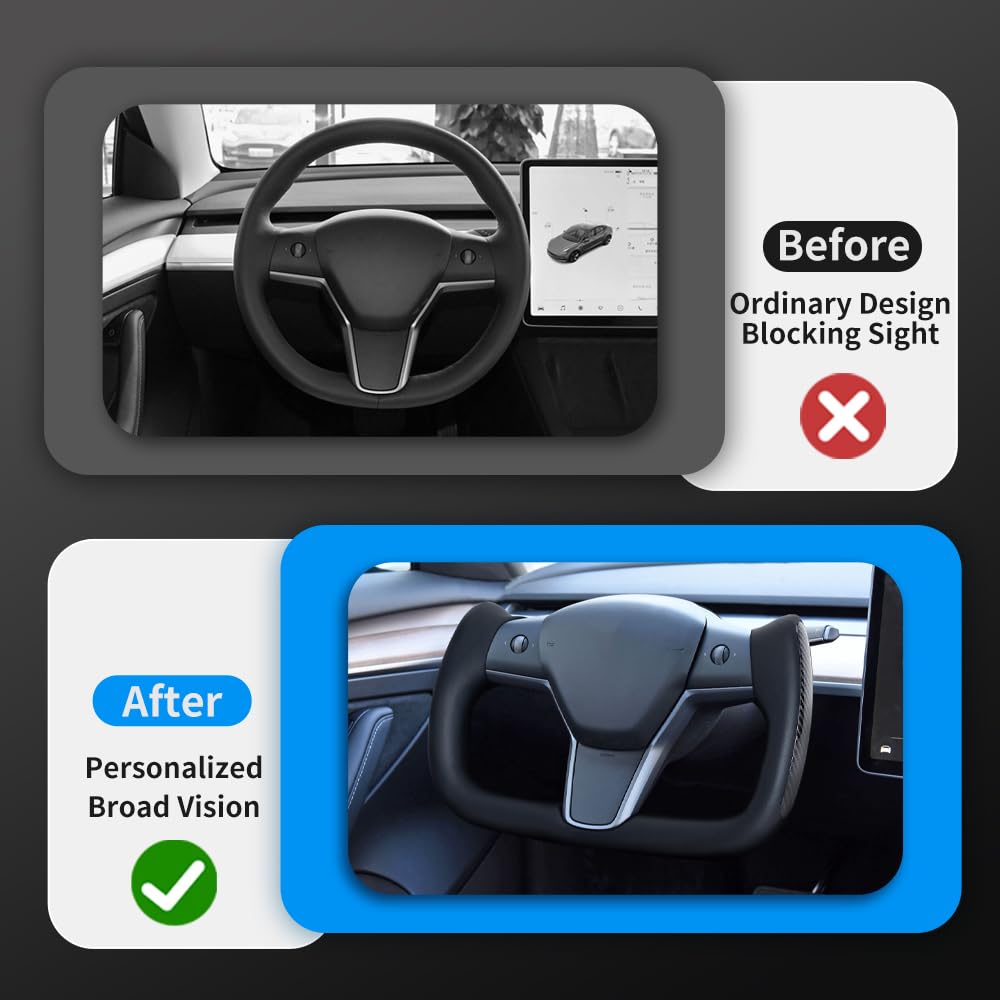 JIANGGAI Yoke Steering Wheel, Black Microfiber Leather with Side Carbon Fiber for Tesla Model 3/Y 2017-2023 With Heating Function