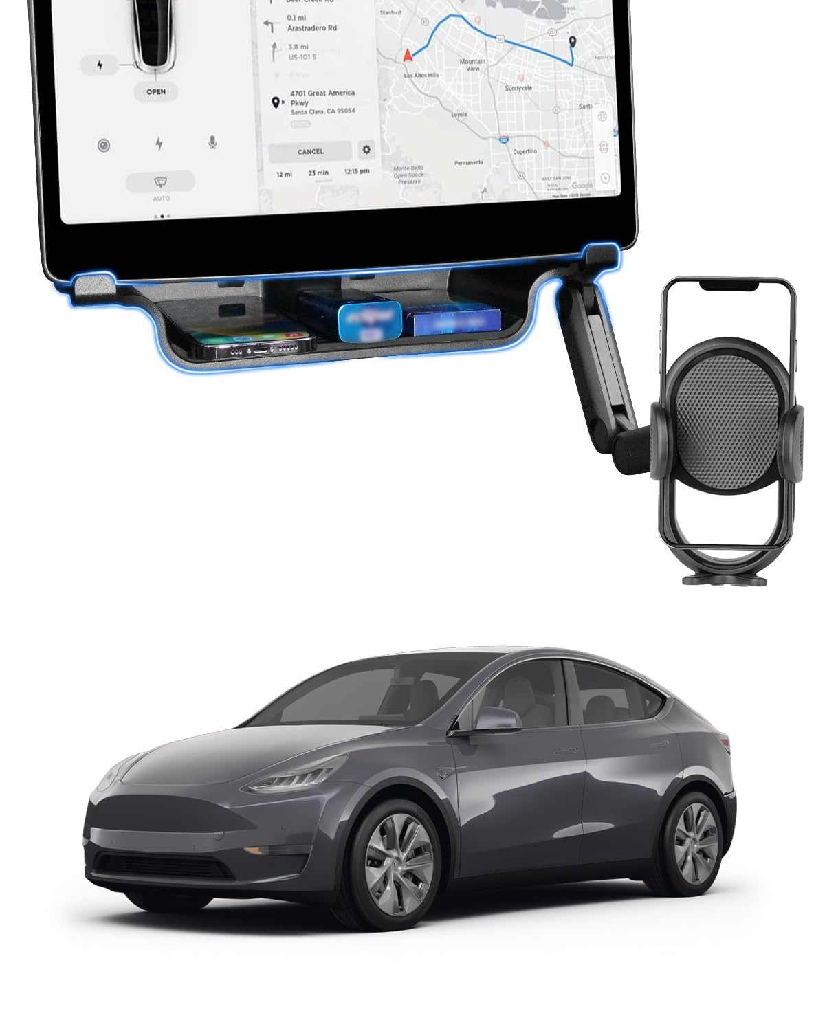 Shademax Under Screen Storage Tray with Phone Holder for Tesla Model 3/Model Y 2025 2024 2023 2022 2021 Center Console Organizer Storage Box Waterproof ABS Model 3 / Y Accessories Black 1PCS