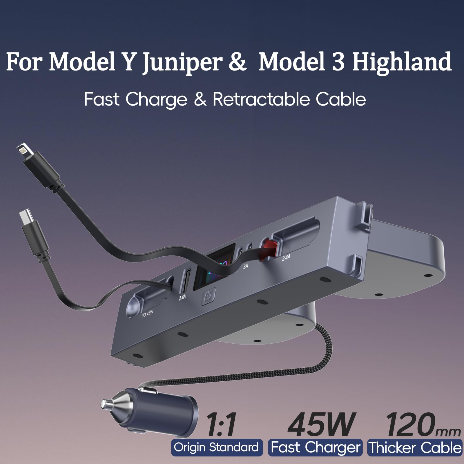 USB Hub for 2025 2026 Tesla Model Y Juniper 2024 2025 Tesla Model 3 Highland, Retractable Cable Fast Car Phone Charger, Tesla Center Console Accessories (Retractable Type-C & Lightning)