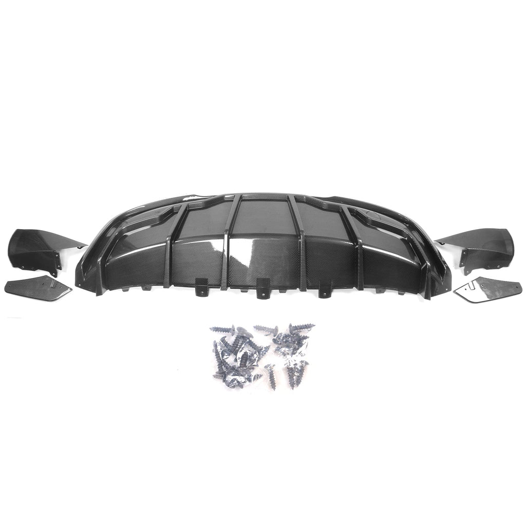 IKON MOTORSPORTS, Rear Diffuser Compatible with 2020-2024 Tesla Model Y, Carbon Fiber Print IKON Style PP Rear Bumper Lip Shark Fin Splitter Replacement 3PC, 2021