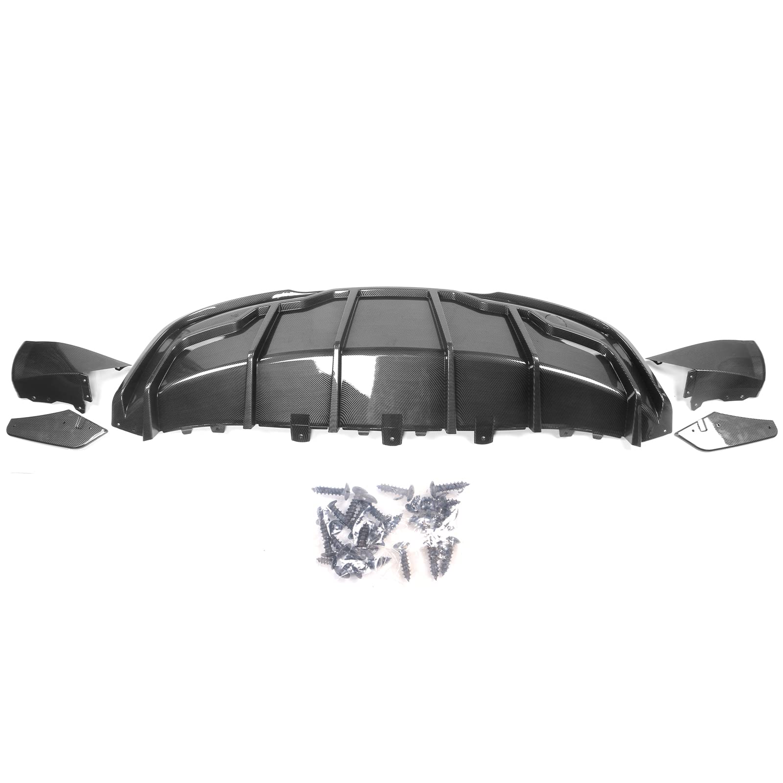 IKON MOTORSPORTS, Rear Diffuser Compatible with 2020-2024 Tesla Model Y, Carbon Fiber Print IKON Style PP Rear Bumper Lip Shark Fin Splitter Replacement 3PC, 2021