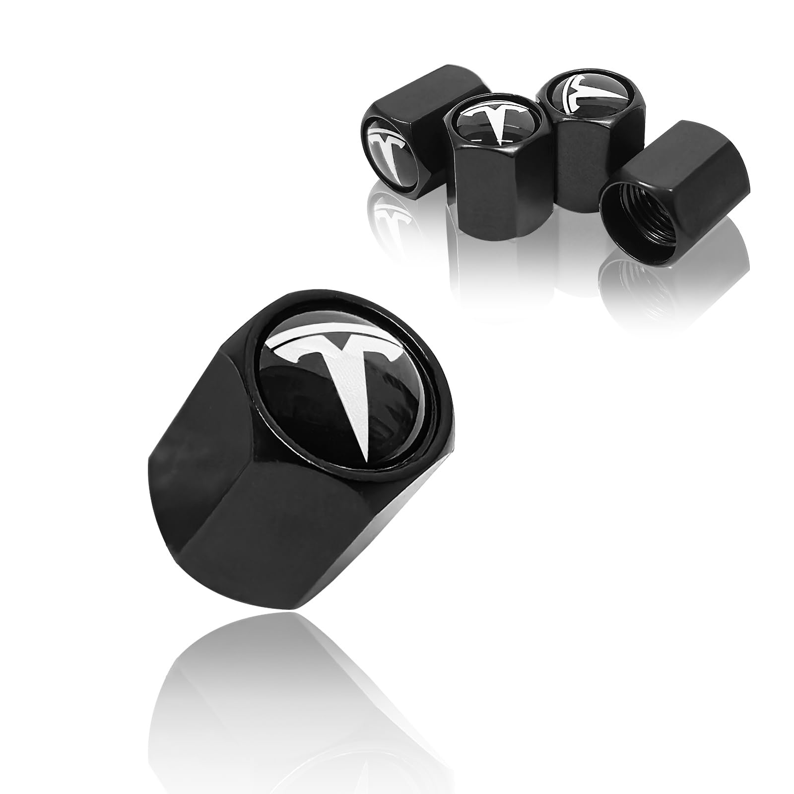 Eaglewireless 5 Pack Tire Valve Stem Caps Leakproof Aluminum Chrome Tire Valve Caps with Rubber O-Rings Compatible with for Tesla Model 3, S, X, Y (White Logo)