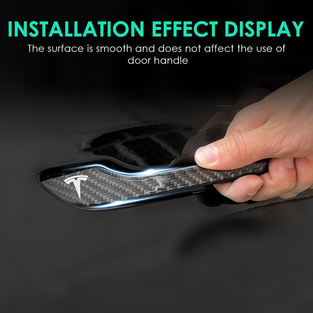 4PCS Door Handle Cover Compatible with Tesla Model 3 (2019-2025) Highland Model Y (2020-2026) Juniper Real Carbon Fiber 3D Sticker Wrap Covers Exterior Trim Door Sill Protector Accessories (Black)