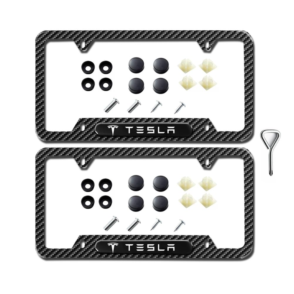 Carbon Fiber License Plate Frames for Tesla Model 3,Model Y,Model X,Model S, 2 Piece Weather Resistant Aluminum Alloy Black License Plate Holder with Screw Caps Cover