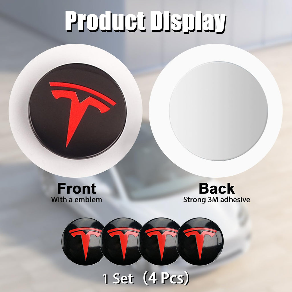 Wheel Cover Center Emblem Sticker for Tesla Model 3 Model Y Hubcaps Wheel Rim Cover Red Emblem & Gloss Black Background (4PCS) (Black& Red)
