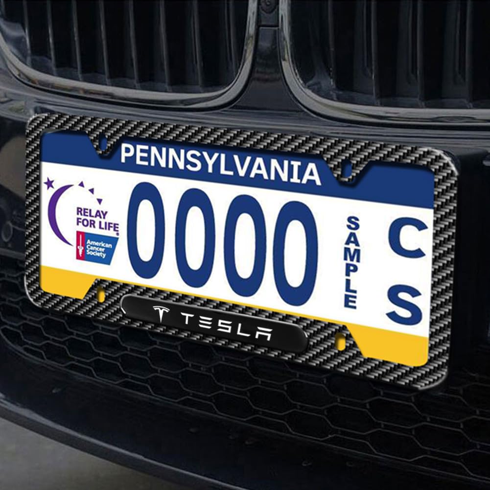 Carbon Fiber License Plate Frames for Tesla Model 3,Model Y,Model X,Model S, 2 Piece Weather Resistant Aluminum Alloy Black License Plate Holder with Screw Caps Cover