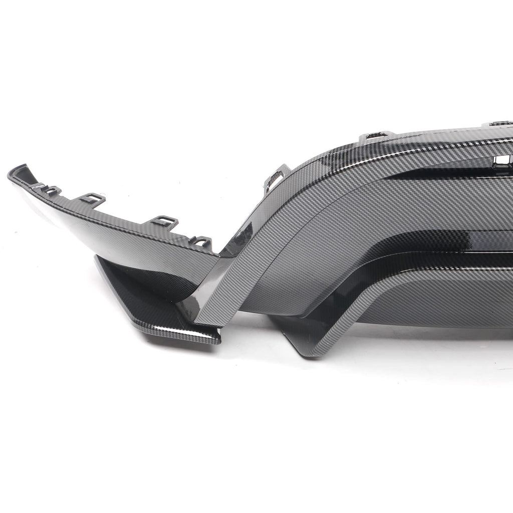 IKON MOTORSPORTS, Rear Diffuser Compatible with 2020-2024 Tesla Model Y, Carbon Fiber Print IKON Style PP Rear Bumper Lip Shark Fin Splitter Replacement 3PC, 2021