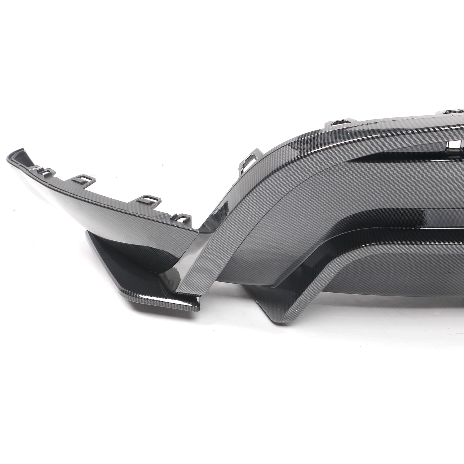 IKON MOTORSPORTS, Rear Diffuser Compatible with 2020-2024 Tesla Model Y, Carbon Fiber Print IKON Style PP Rear Bumper Lip Shark Fin Splitter Replacement 3PC, 2021