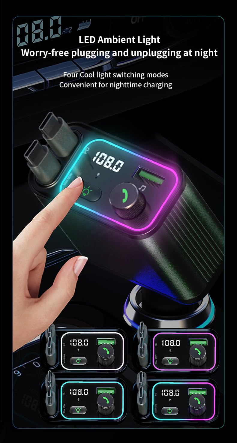GXY KIT 3 in 1 Retractable Car Charger Adapter & FM Transmitter Bluetooth Mp3 Player- Max 65W + 18W with 2 PD Fast Charging,2 Retractable Cables & USB-A Music Playback for iPhone,iPad,Samsung,Pixel