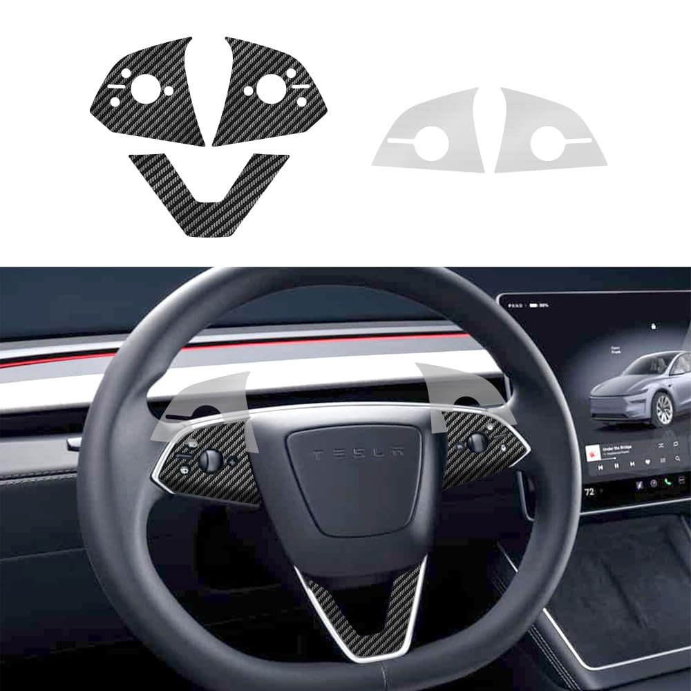 skoko Tesla Model Y Juniper 2025 Release Steering Wheel Trim Carbon Fiber Protector Wrap Cover 1 Set, Including Button Area Protection, Perfect Protection, Stickers