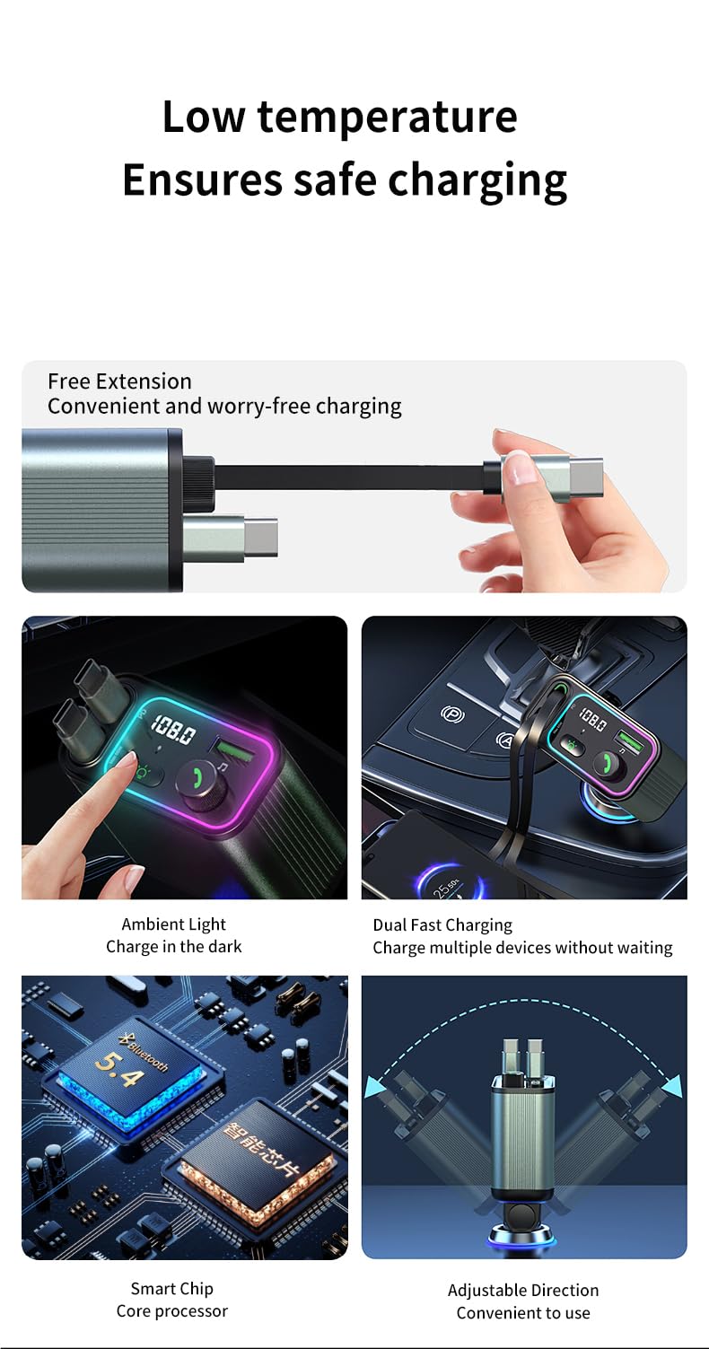 GXY KIT 3 in 1 Retractable Car Charger Adapter & FM Transmitter Bluetooth Mp3 Player- Max 65W + 18W with 2 PD Fast Charging,2 Retractable Cables & USB-A Music Playback for iPhone,iPad,Samsung,Pixel