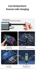 GXY KIT 3 in 1 Retractable Car Charger Adapter & FM Transmitter Bluetooth Mp3 Player- Max 65W + 18W with 2 PD Fast Charging,2 Retractable Cables & USB-A Music Playback for iPhone,iPad,Samsung,Pixel