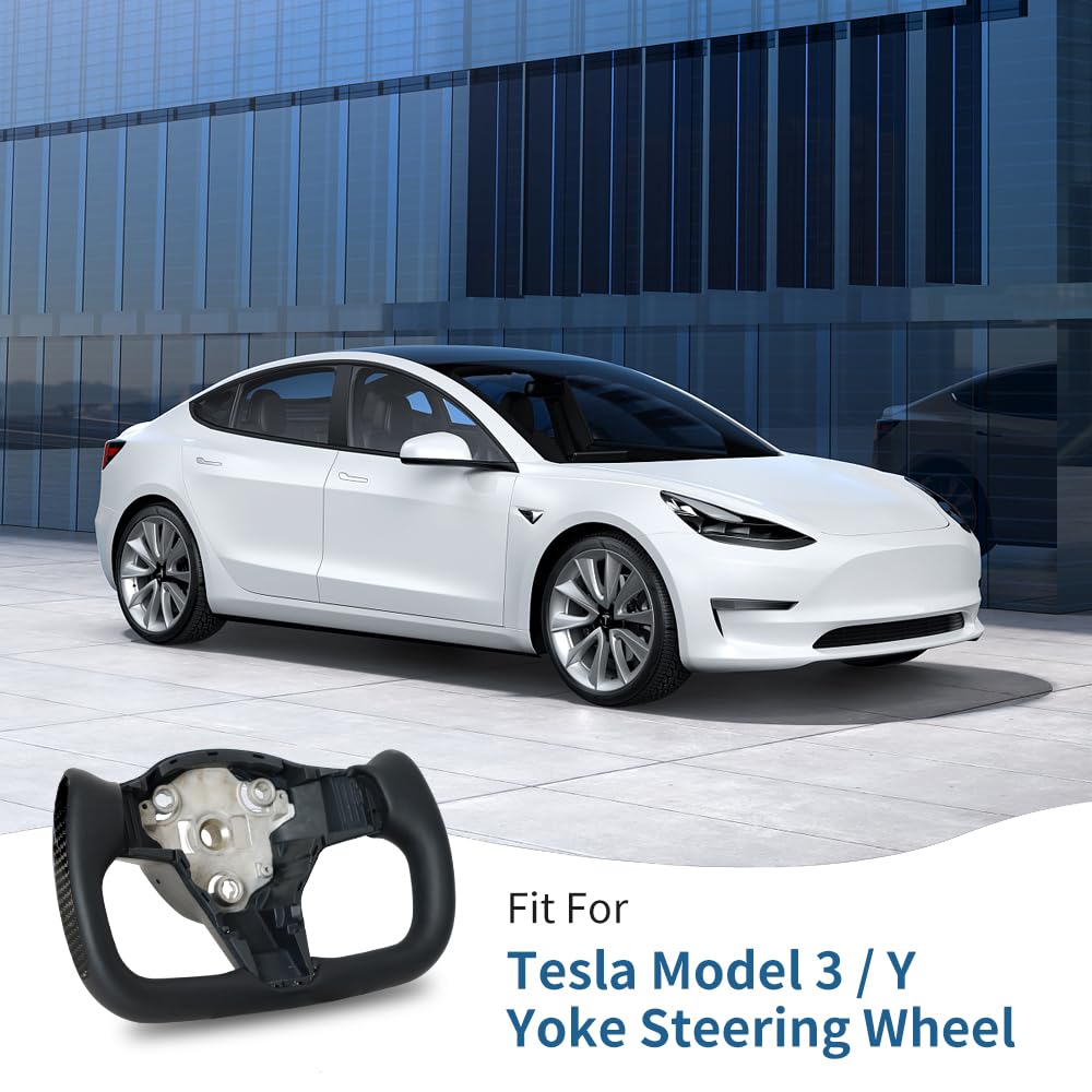 JIANGGAI Yoke Steering Wheel, Black Microfiber Leather with Side Carbon Fiber for Tesla Model 3/Y 2017-2023 With Heating Function