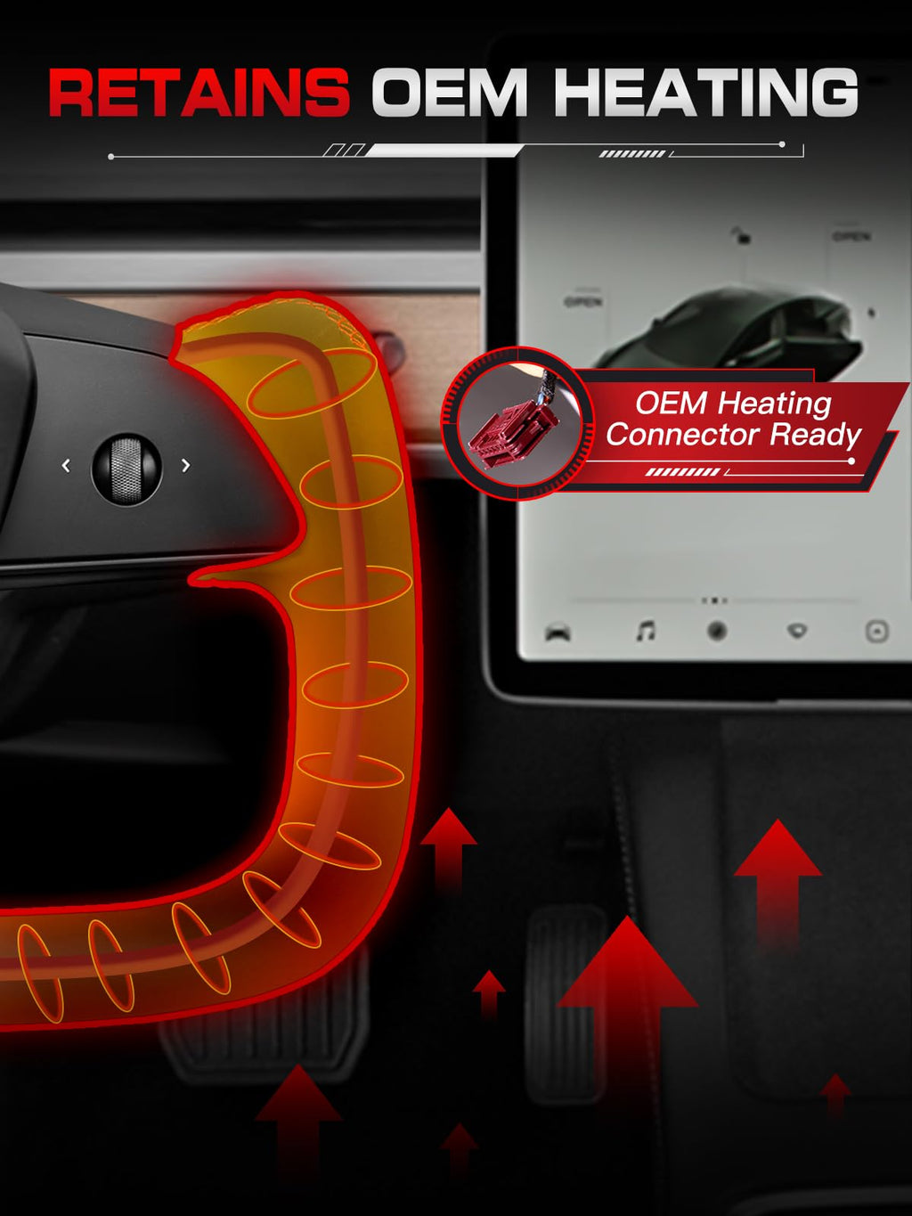 TESFEEL Heated Yoke Steering Wheel for Tesla Model 3 2017–2023, for Tesla Model Y 2020–2024, Black Nappa Leather with Red Center Stripe, Hand-Stitched, 1:1 Factory Fitment