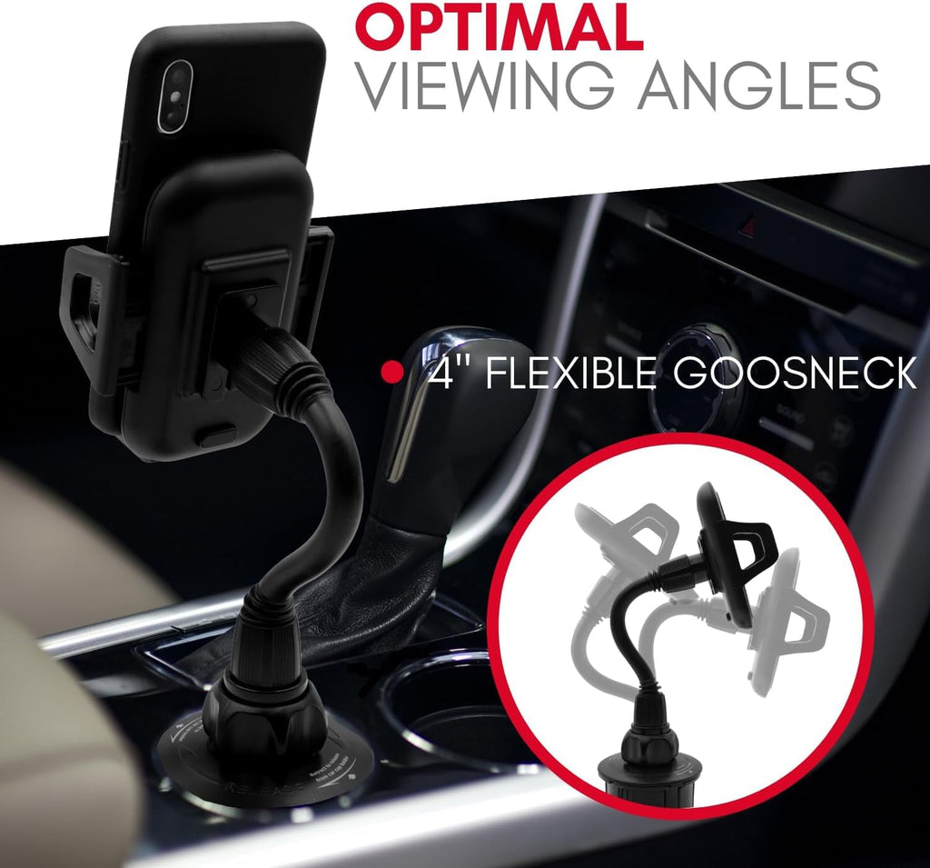 Macally Car Cup Holder Phone Mount - Securely Holds Phones up to 4.1” Wide - Flexible Gooseneck & 360° Rotatable Cradle