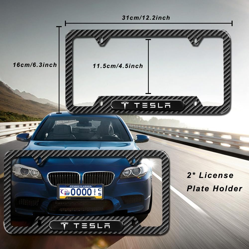Carbon Fiber License Plate Frames for Tesla Model 3,Model Y,Model X,Model S, 2 Piece Weather Resistant Aluminum Alloy Black License Plate Holder with Screw Caps Cover
