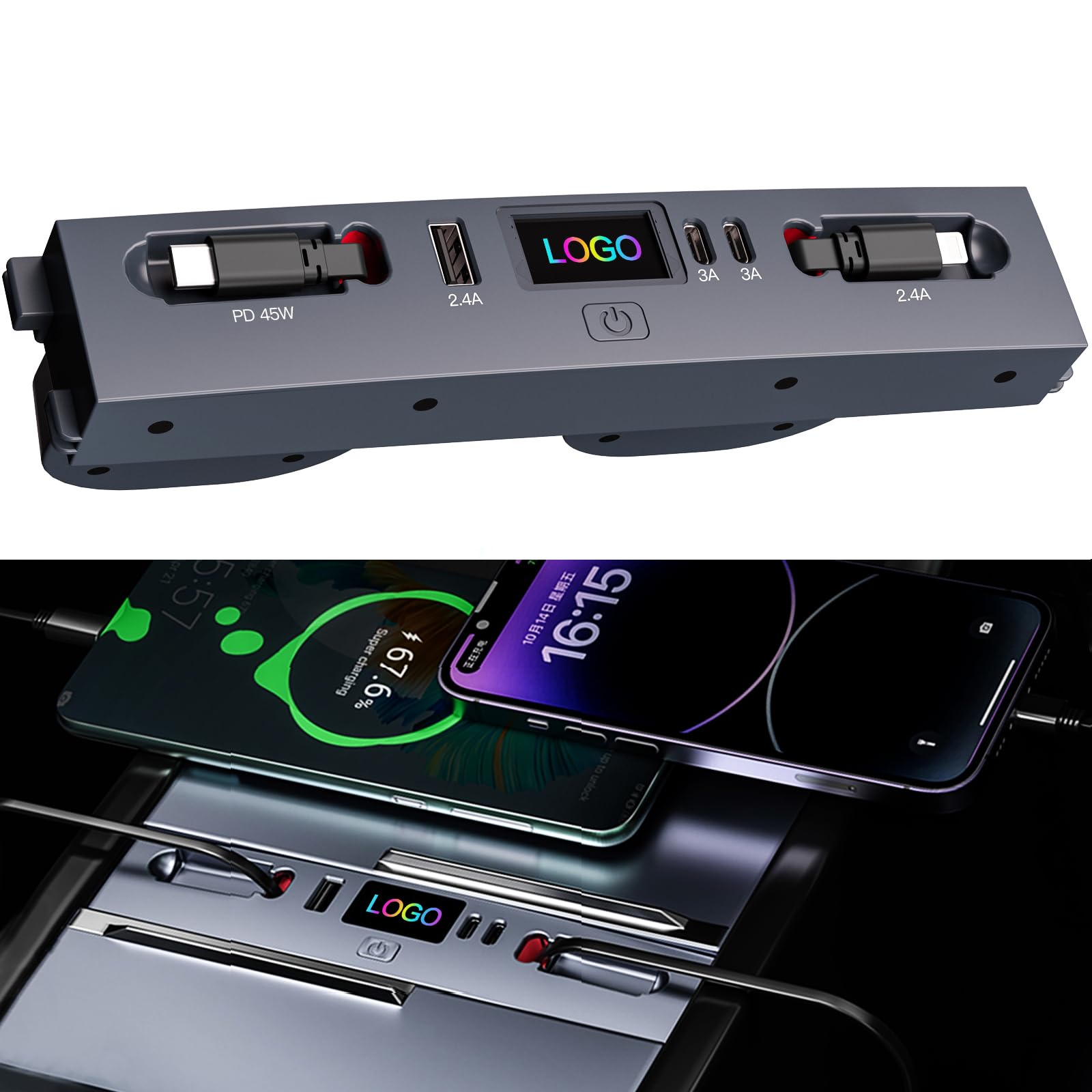 USB Hub for 2025 2026 Tesla Model Y Juniper 2024 2025 Tesla Model 3 Highland, Retractable Cable Fast Car Phone Charger, Tesla Center Console Accessories (Retractable Type-C & Lightning)