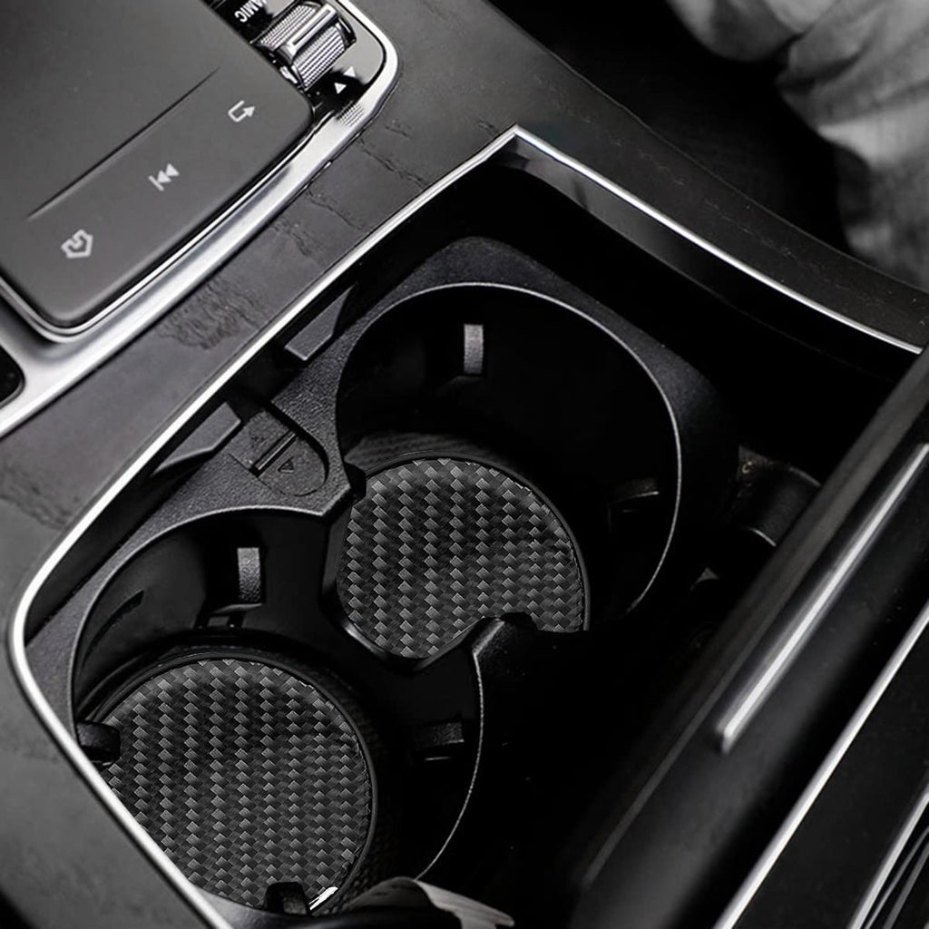 BESULEN Car Cup Holder Coaster, 2 PCS Carbon Fiber Non-Slip Embedded Coasters, Universal 2.75 Inch Cup Holder Insert Coaster Pad, Sports Racing Durable Drink Mat, Car Interior Accessories