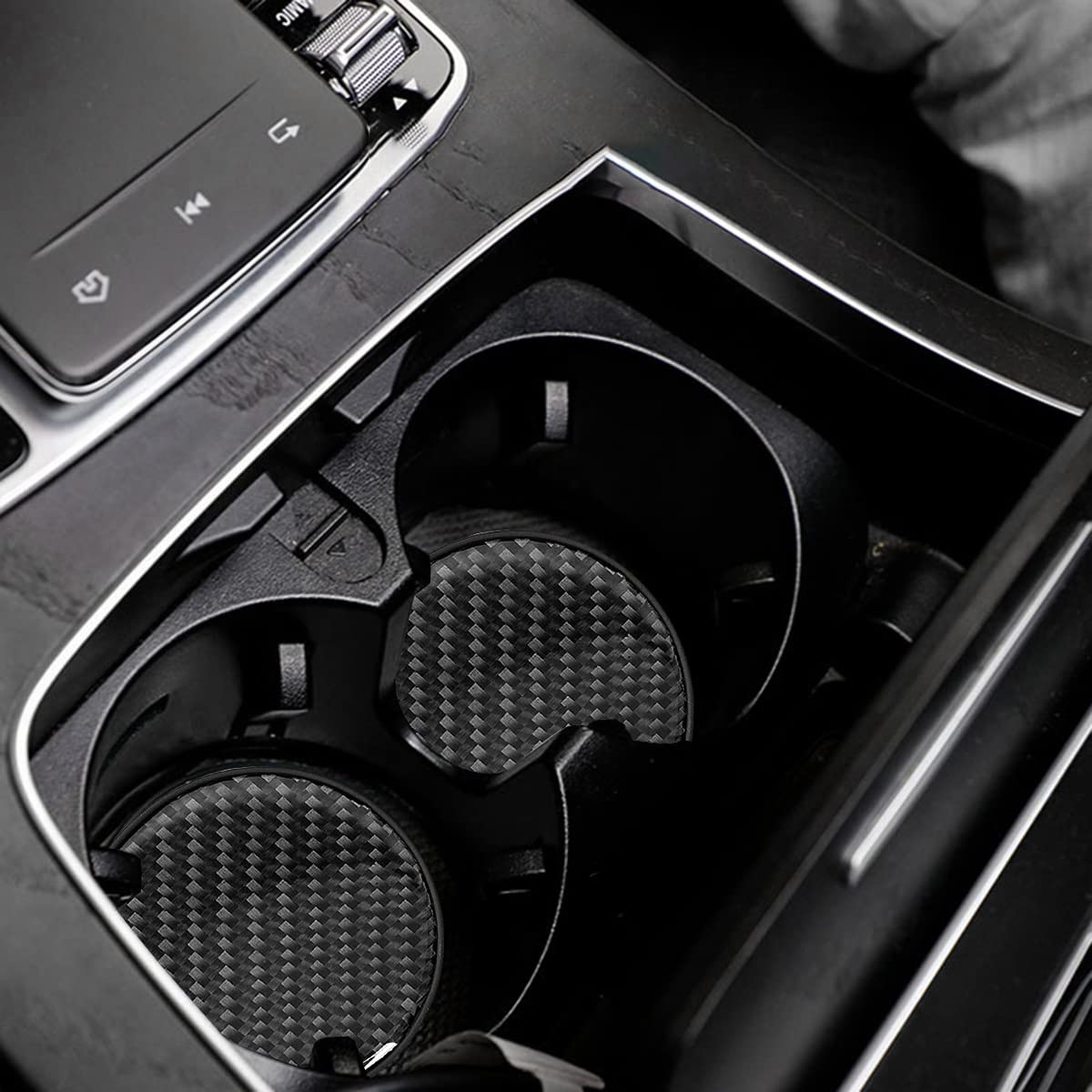 BESULEN Car Cup Holder Coaster, 2 PCS Carbon Fiber Non-Slip Embedded Coasters, Universal 2.75 Inch Cup Holder Insert Coaster Pad, Sports Racing Durable Drink Mat, Car Interior Accessories