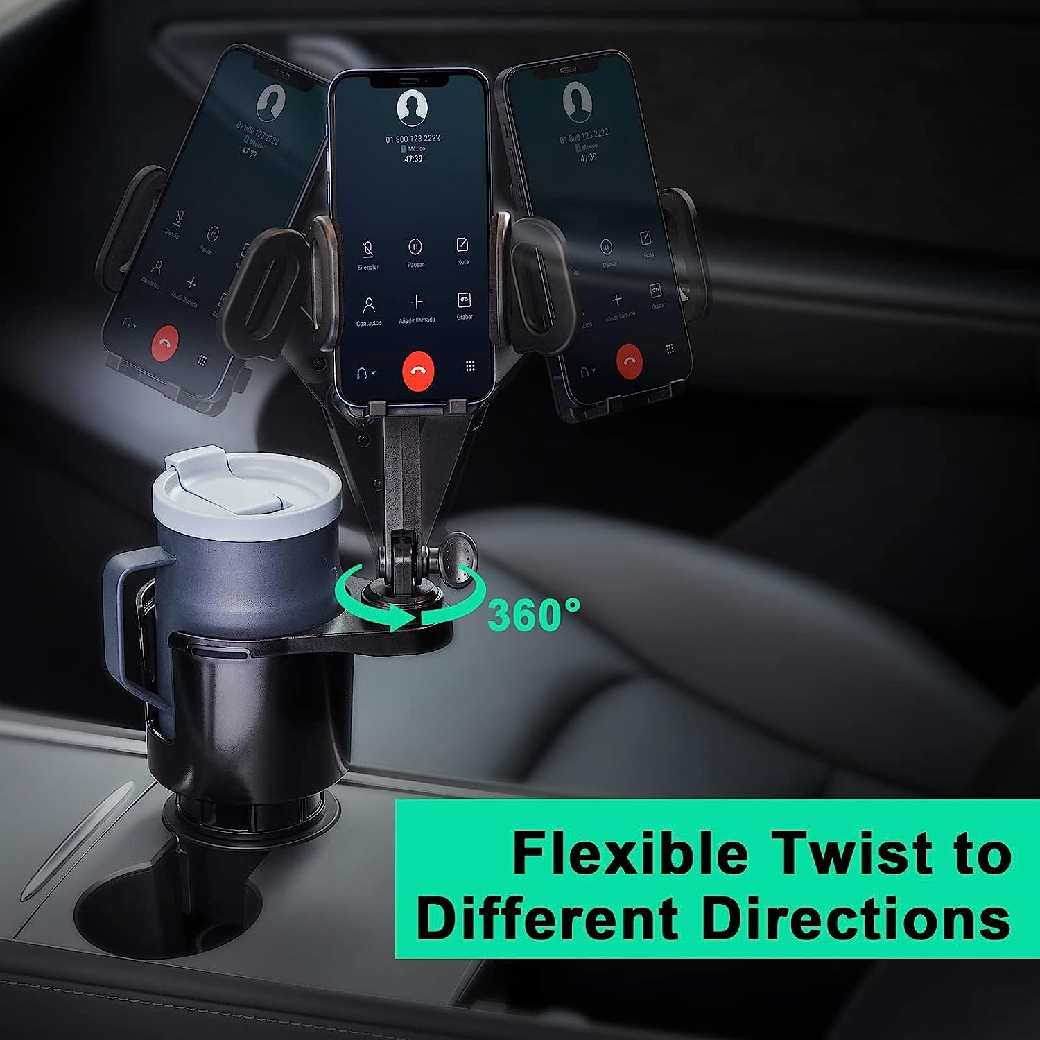 This Hill Car Cup Holder Expander Adjustable Base with Phone Mount 360° Rotation Cup Holder Cell Phone Holder for Car Compatible with iPhone All Smartphones