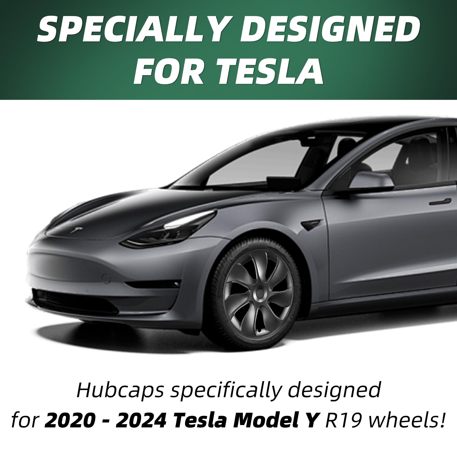 Tesla Model Y Wheel Covers, 19 Inch, 4-Piece Set, Matte Black ABS, Snap-in Installation, 2020-2024 Compatible
