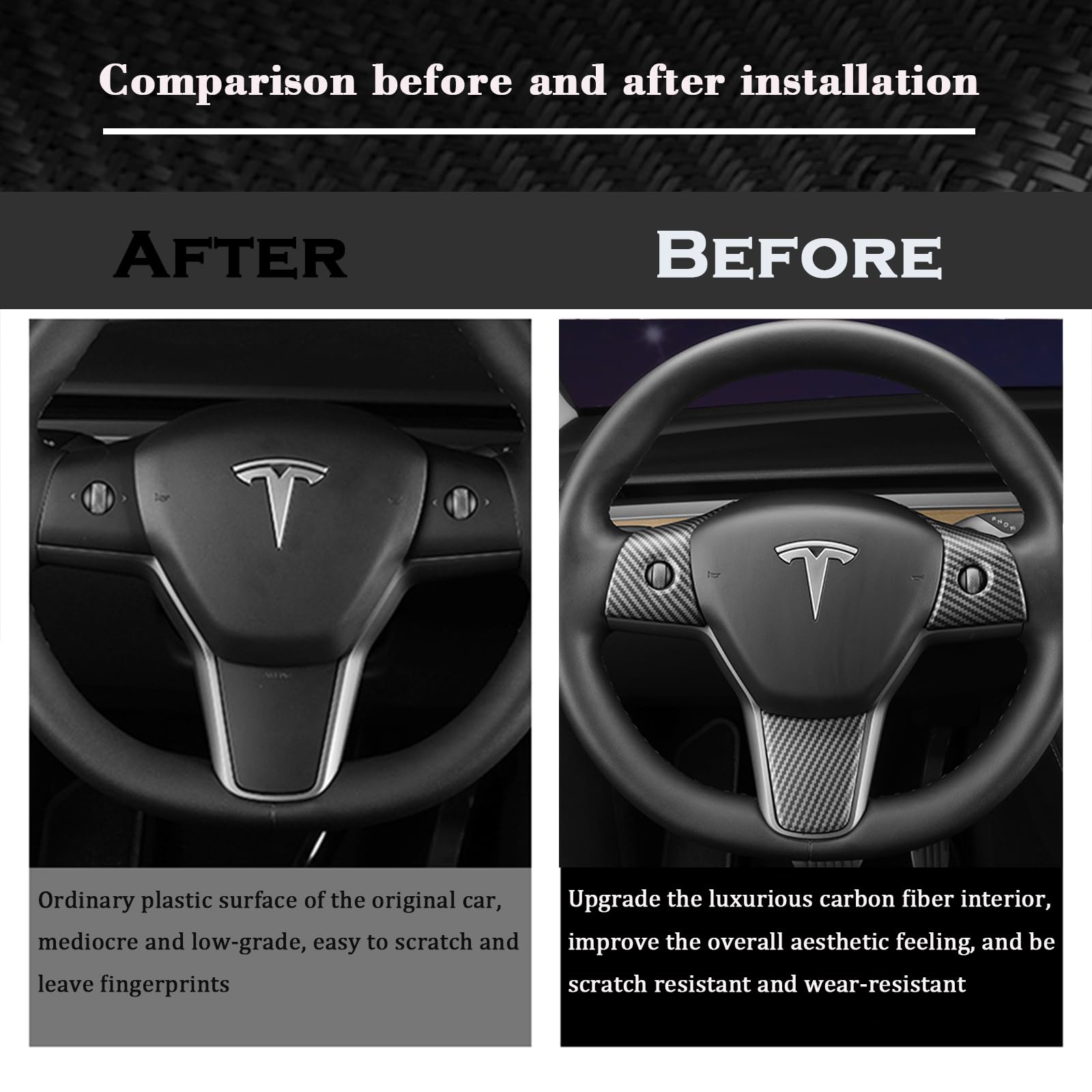 YHCDSEA Steering Wheel Trim Cover for Tesla Model 3/Y, Interior Accessories Compatible with Tesla Model 3 Model Y (A-Matt Carbon Fiber Pattern)