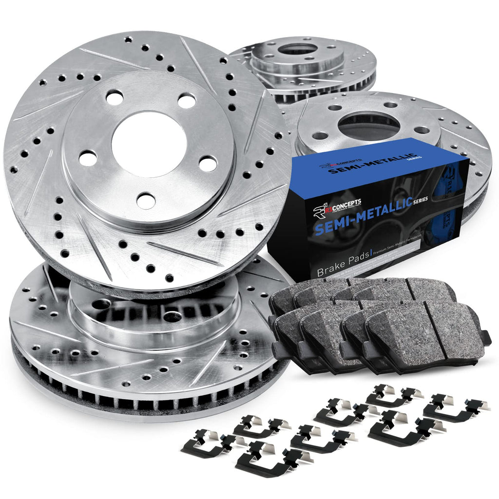 R1 Concepts Front and Rear Brake Kit For 2014-2020 Tesla S, 2016-2020 Tesla X| Drilled Slotted Brake Rotors| Semi-Metallic Brake Pads and Rotors Kit| Hardware included