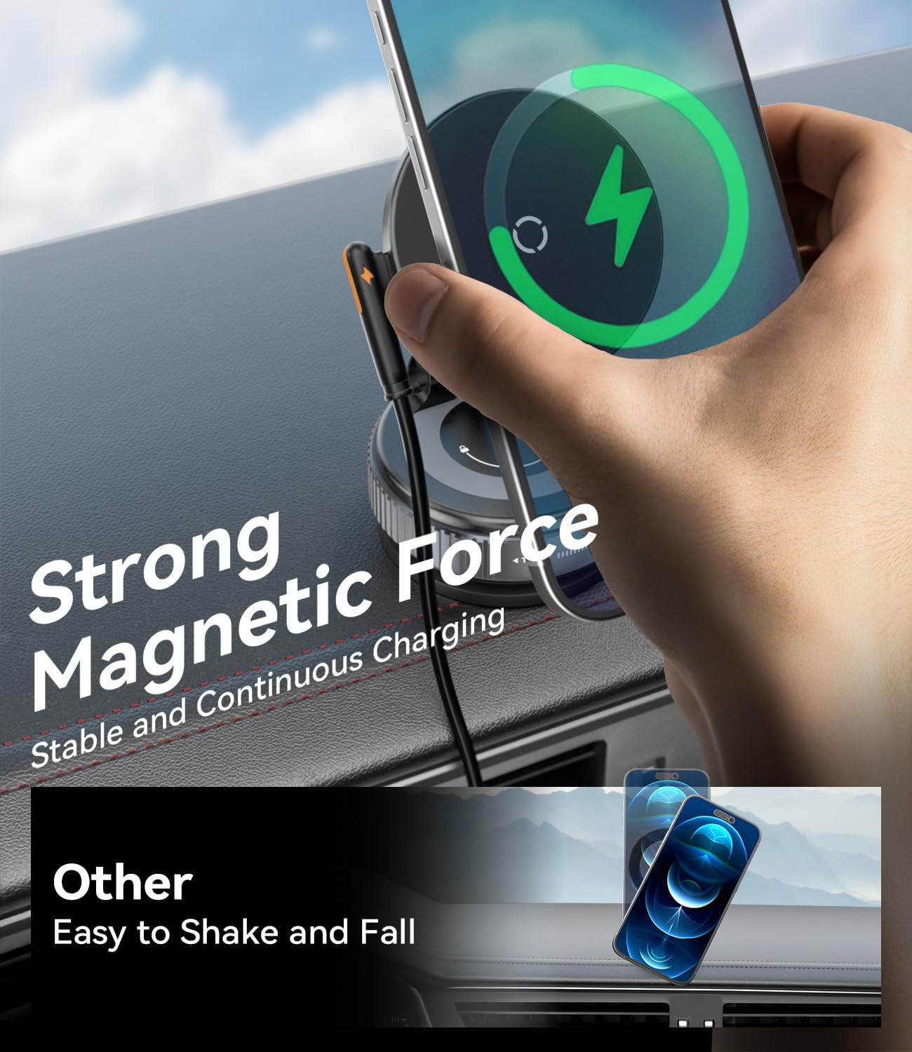 ALAFLY 15W for MagSafe Car Mount Charger, Magnetic Wireless Car Phone Holder for iPhone 17 16 15 14 13 12 Pro Max, 360° Adjustable iPhone Charger for Car with USB C Car Charger Adapter