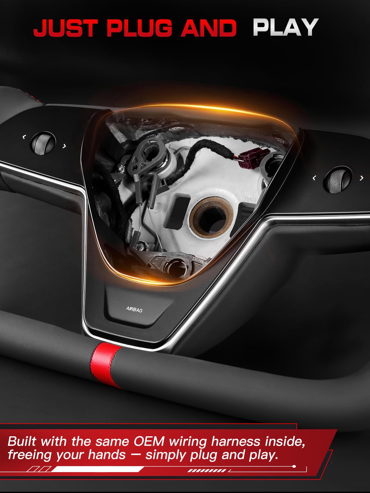 TESFEEL Heated Yoke Steering Wheel for Tesla Model 3 2017–2023, for Tesla Model Y 2020–2024, Black Nappa Leather with Red Center Stripe, Hand-Stitched, 1:1 Factory Fitment