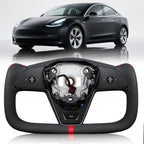 TESFEEL Heated Yoke Steering Wheel for Tesla Model 3 2017–2023, for Tesla Model Y 2020–2024, Black Nappa Leather with Red Center Stripe, Hand-Stitched, 1:1 Factory Fitment