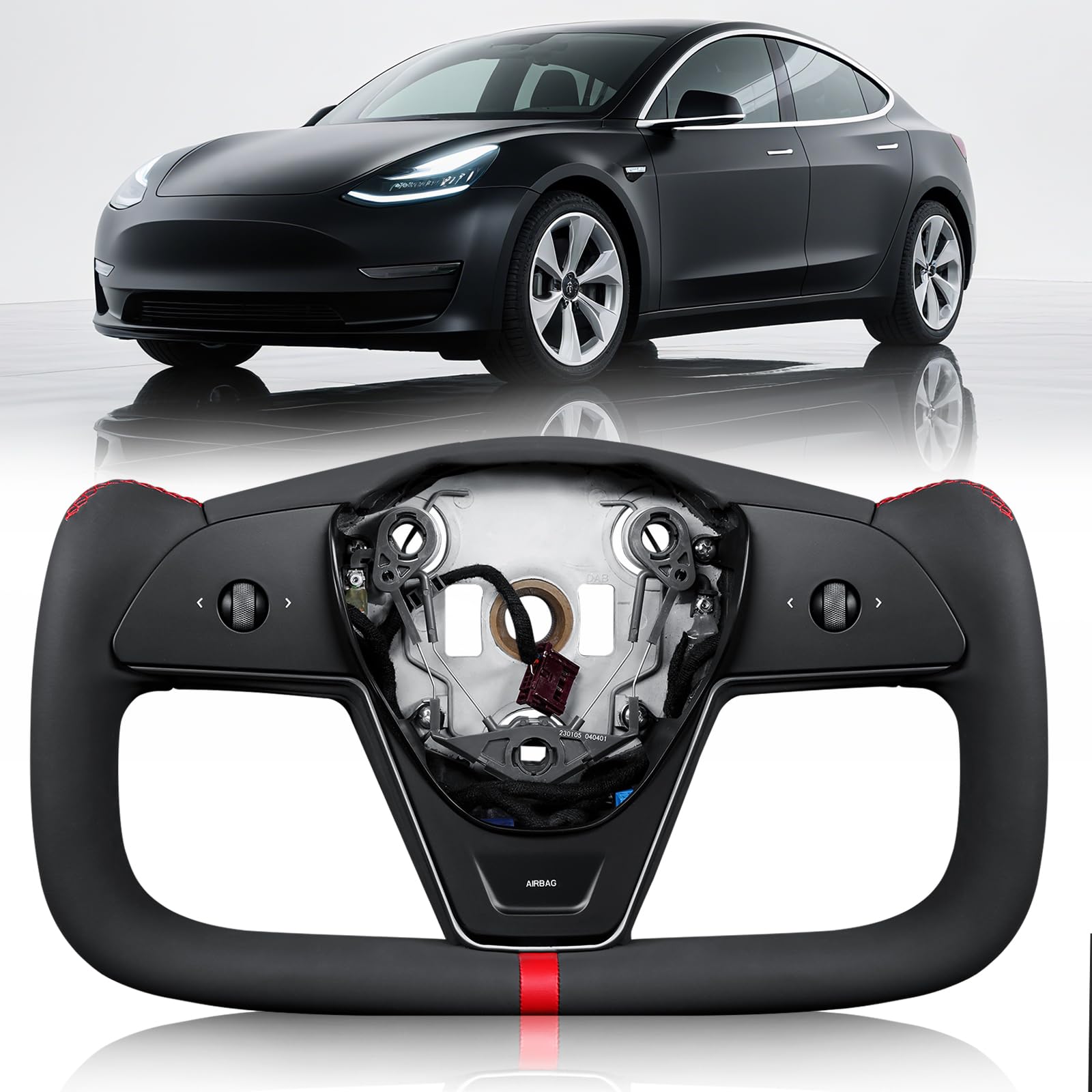 TESFEEL Heated Yoke Steering Wheel for Tesla Model 3 2017–2023, for Tesla Model Y 2020–2024, Black Nappa Leather with Red Center Stripe, Hand-Stitched, 1:1 Factory Fitment