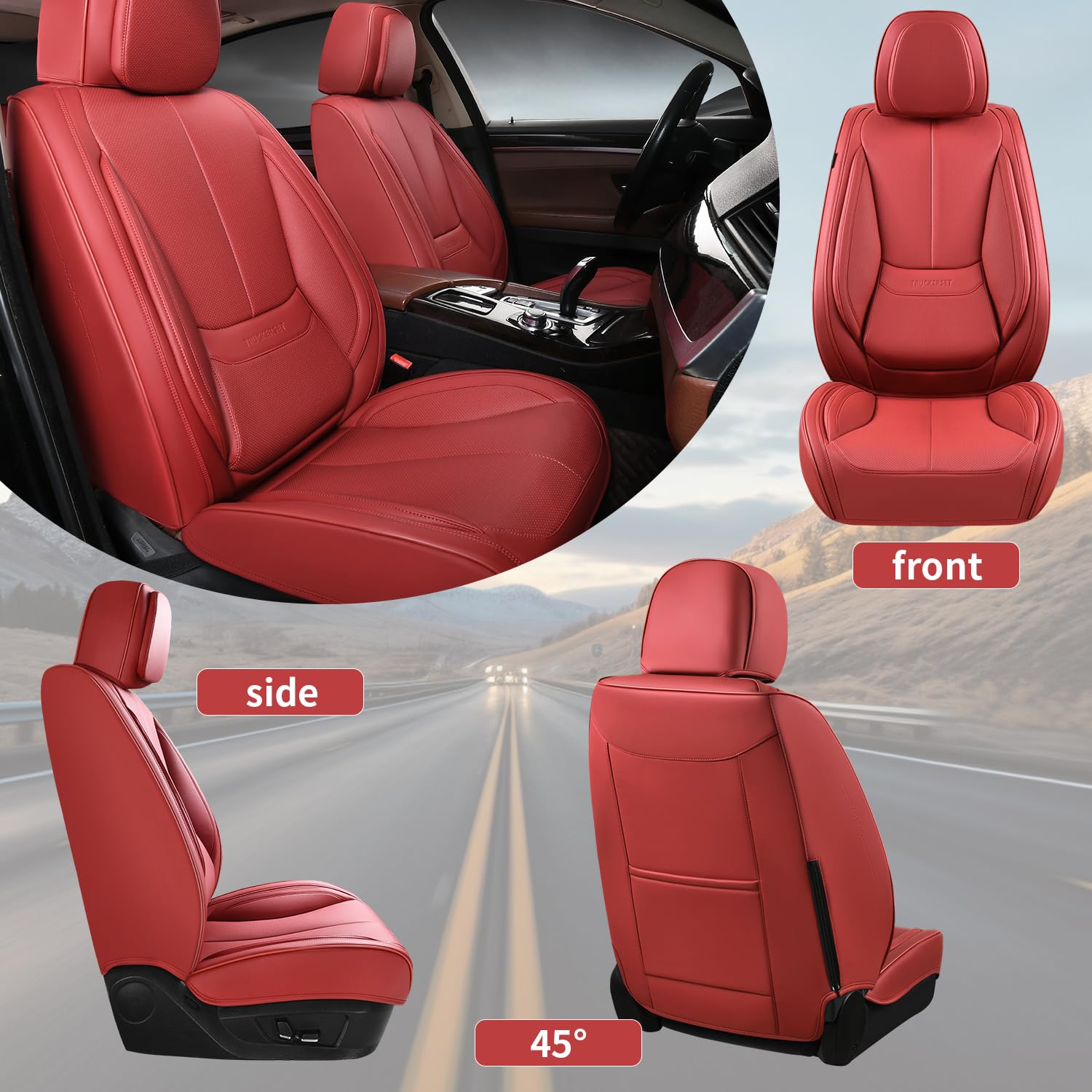 truckerset Car Seat Covers Full Set,Leather Waterproof Car Seat Cover,Airbag Compatible,Breathable Design,Suitable for Car,Truck,SUV 5 Pack(Burgundy)