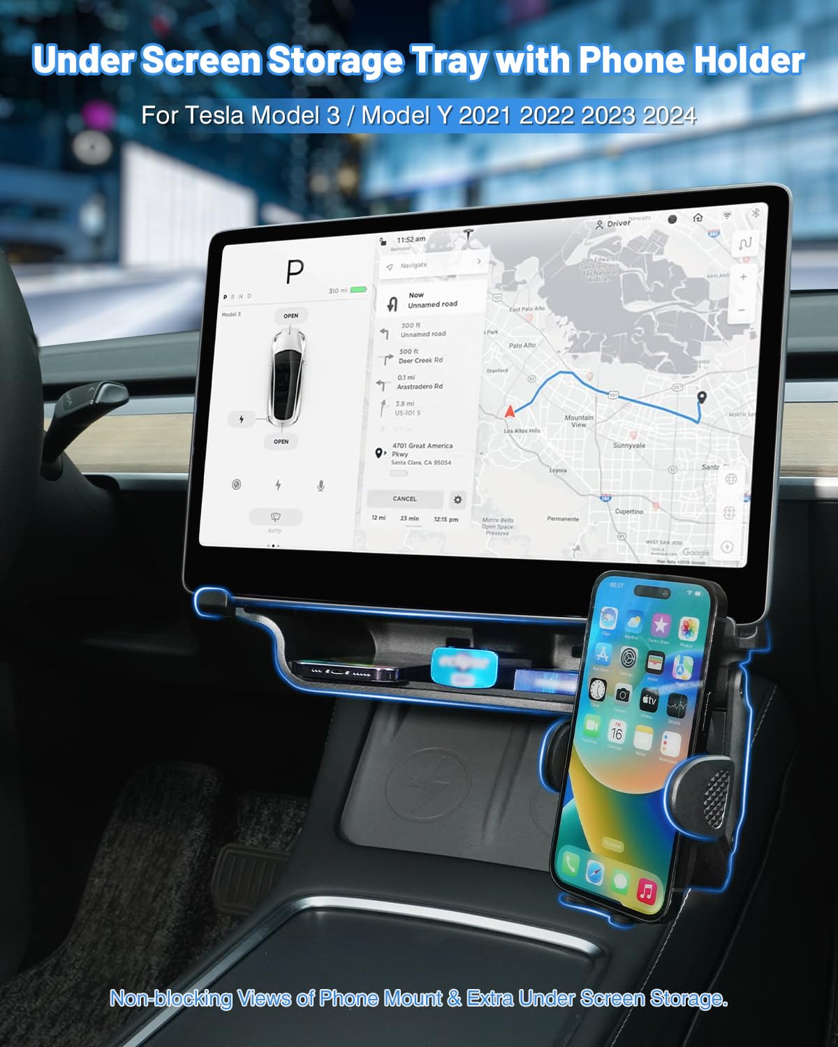 Shademax Under Screen Storage Tray with Phone Holder for Tesla Model 3/Model Y 2025 2024 2023 2022 2021 Center Console Organizer Storage Box Waterproof ABS Model 3 / Y Accessories Black 1PCS