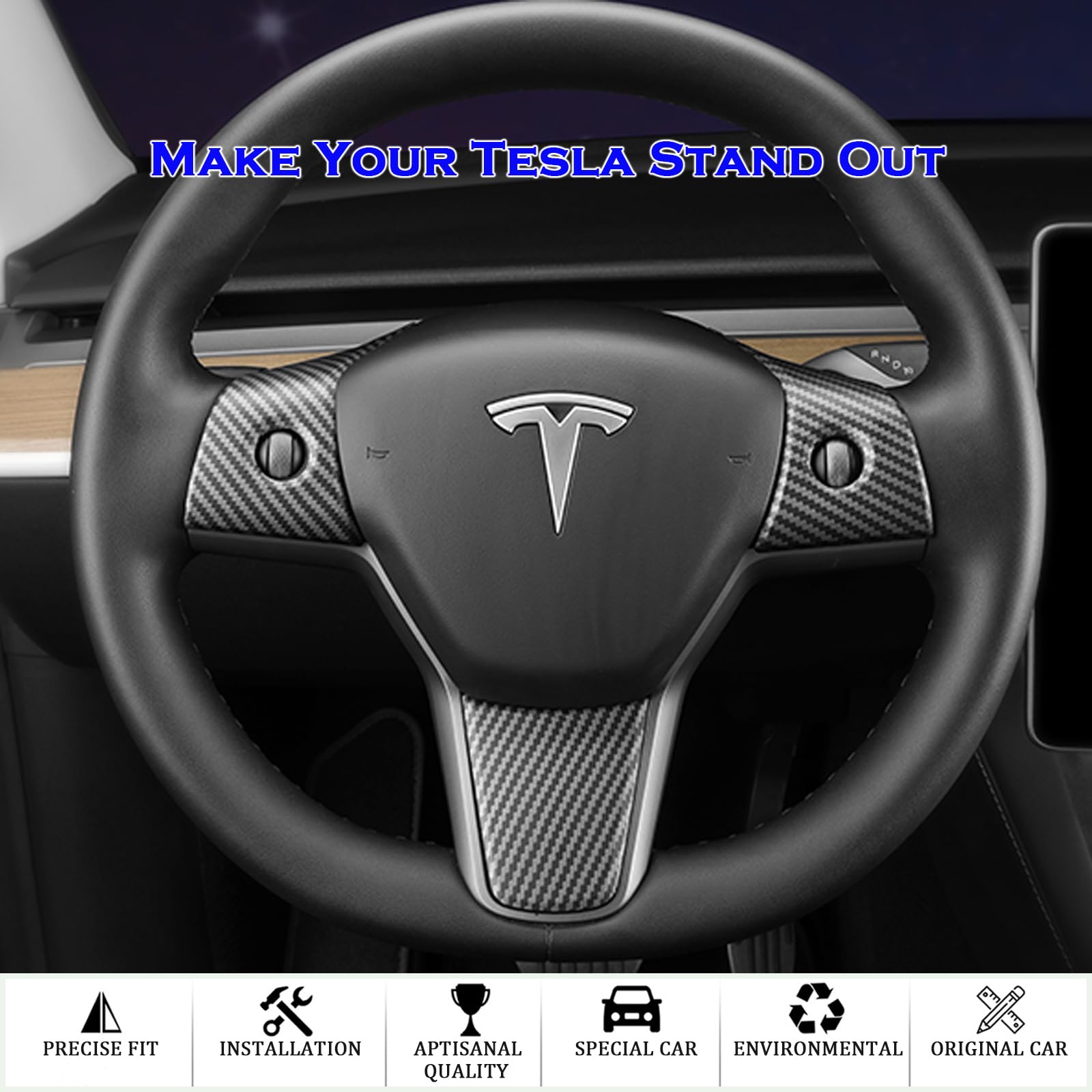 YHCDSEA Steering Wheel Trim Cover for Tesla Model 3/Y, Interior Accessories Compatible with Tesla Model 3 Model Y (A-Matt Carbon Fiber Pattern)