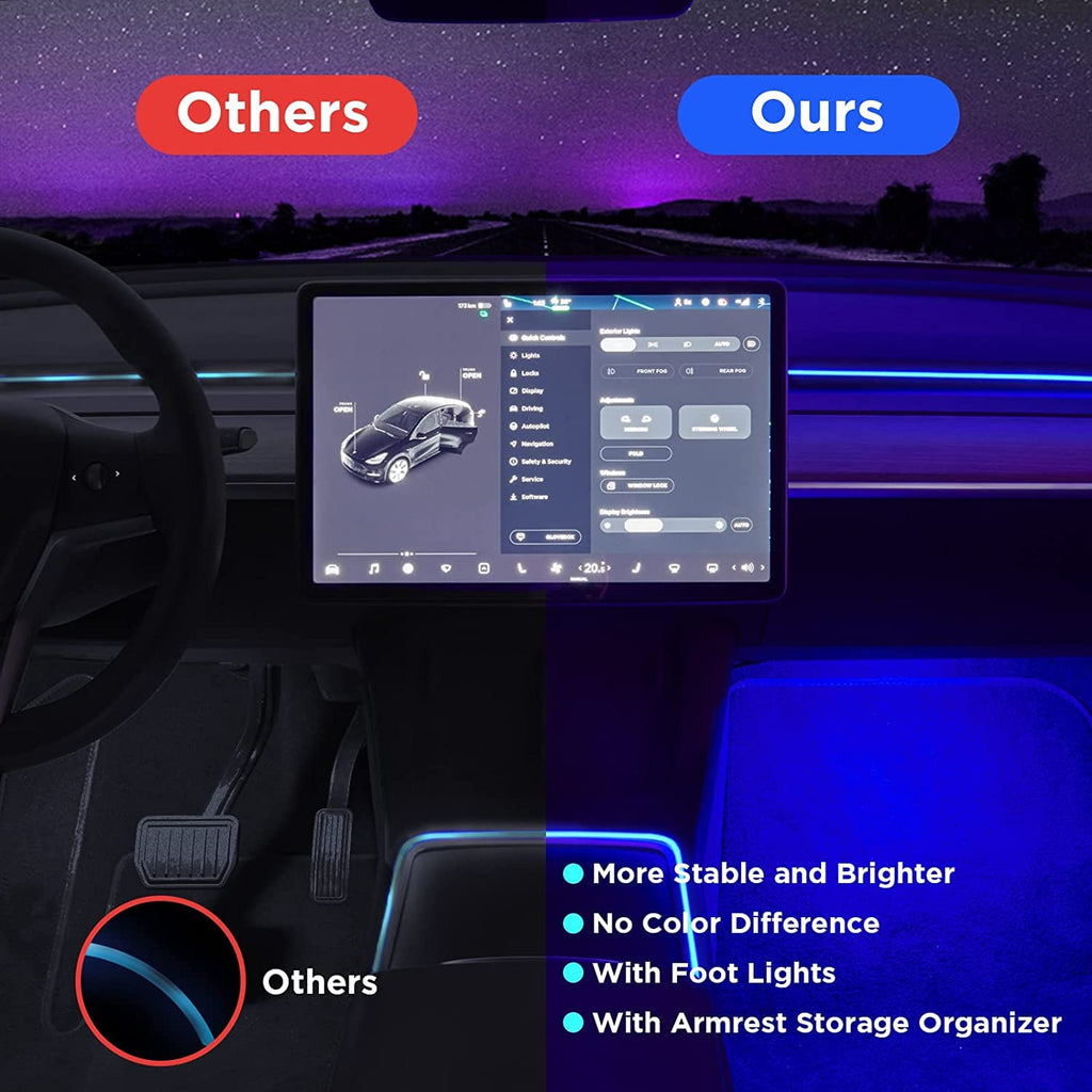 Nestour Interior Car Neon Lights Fit for Tesla Model 3 Y 2021 2022 2023 (Center Console+Dashboard+2 Foot Lights) with Armrest Organizer, Tesla Ambient Lighting, APP-Controlled RGB LED Strip Lights
