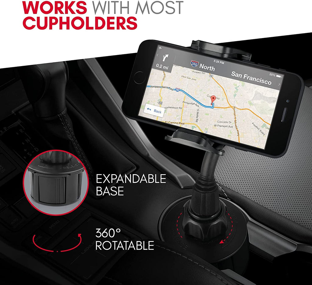 Macally Car Cup Holder Phone Mount - Securely Holds Phones up to 4.1” Wide - Flexible Gooseneck & 360° Rotatable Cradle