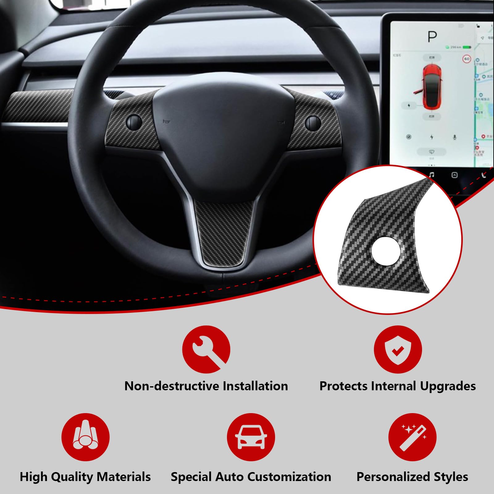 Fancemot 9 PCS Carbon Fiber Interior Decor Trim Cover Kit Compatible with 2021-2023 Tesla Model 3 & 2019-2024 Model Y, Dashboard Cover Door Panel Cover Steering Lever Cover Steering Wheel Cover