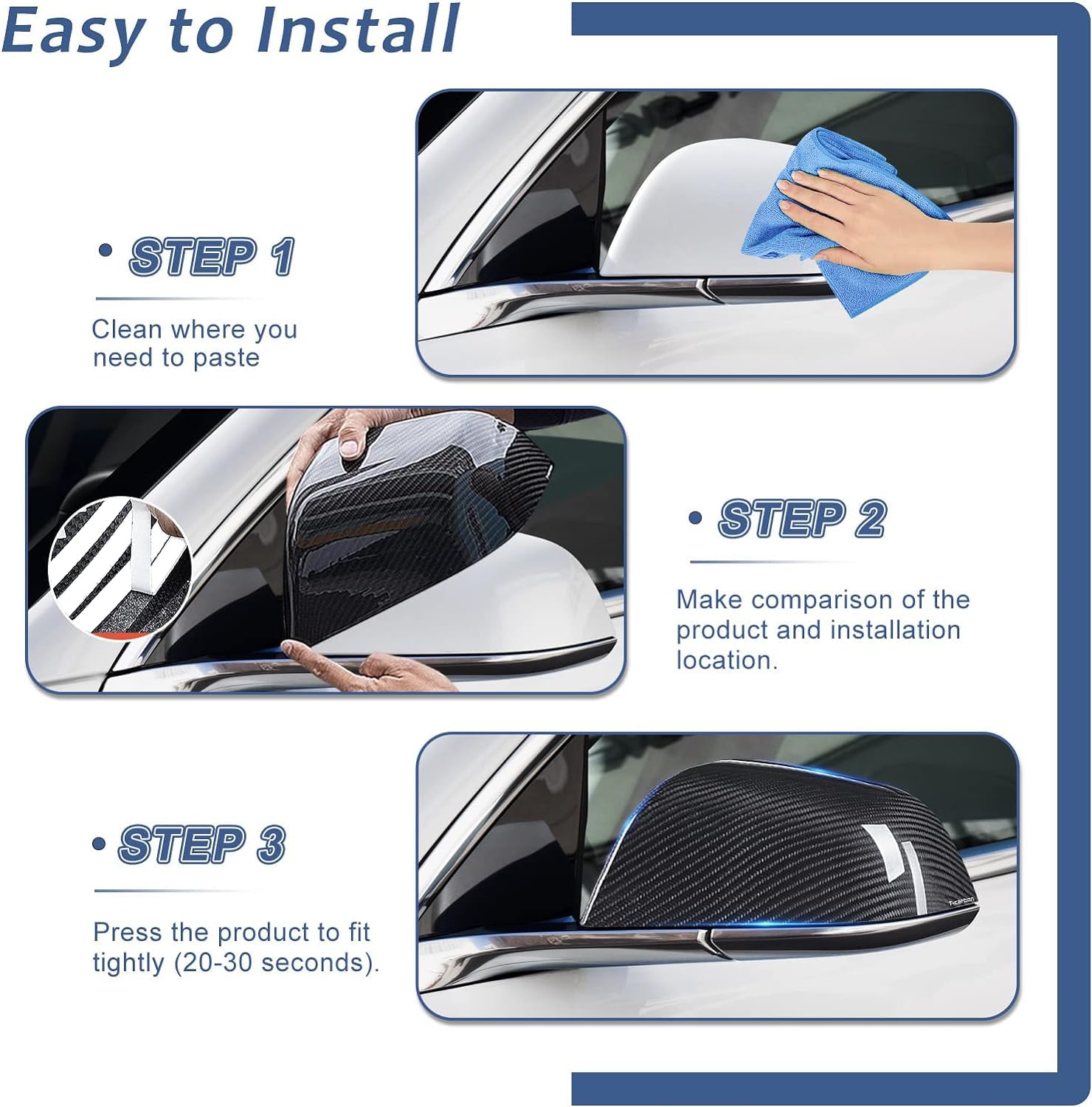 Real Carbon Fiber Side Mirror Cover Compatible with Tesla Model 3 Sedan 2017-2025, T-carbon Rearview Cover Compatible with Tesla Model 3 Exterior Mirror Caps Accessories (Black)