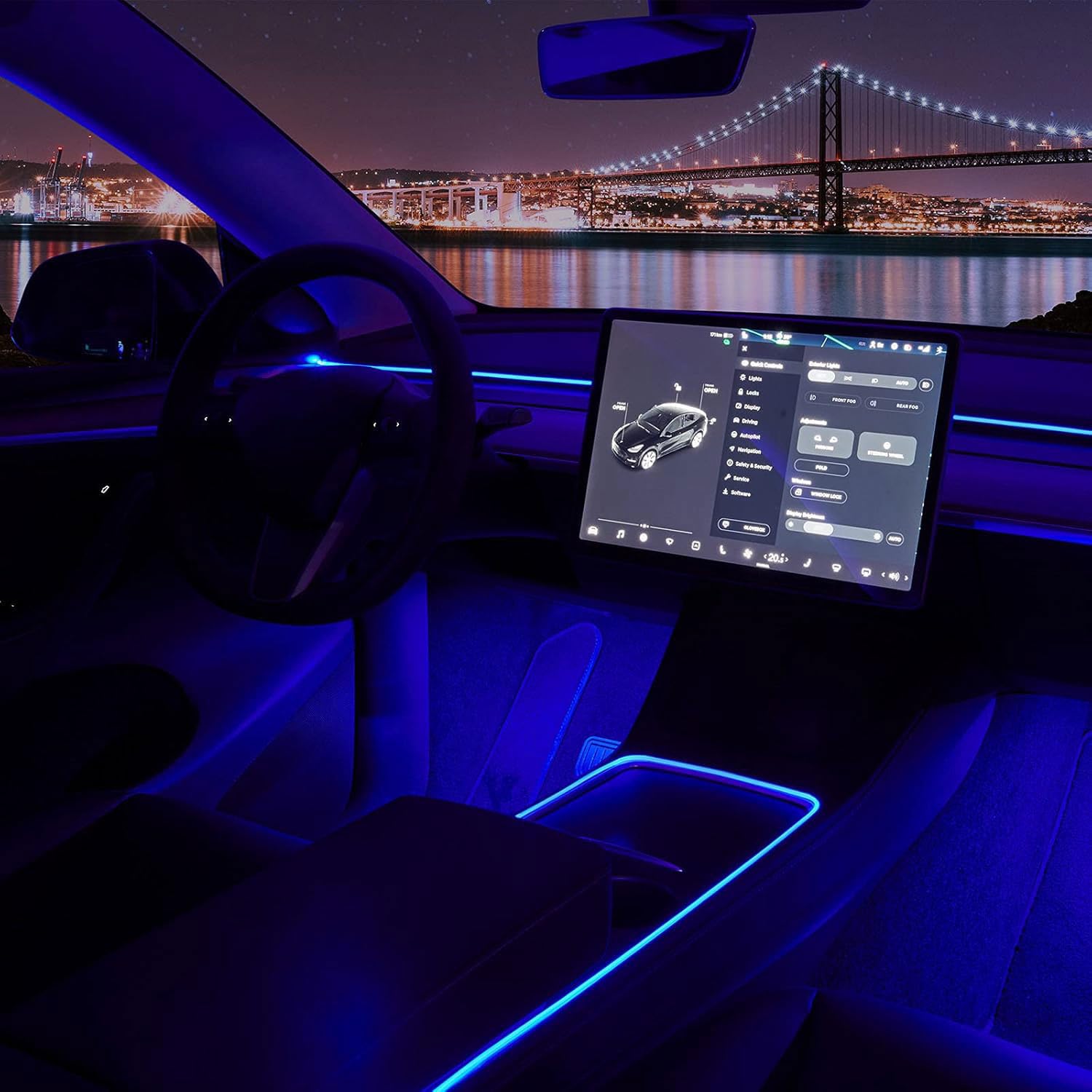 Nestour Interior Car Neon Lights Fit for Tesla Model 3 Y 2021 2022 2023 (Center Console+Dashboard+2 Foot Lights) with Armrest Organizer, Tesla Ambient Lighting, APP-Controlled RGB LED Strip Lights