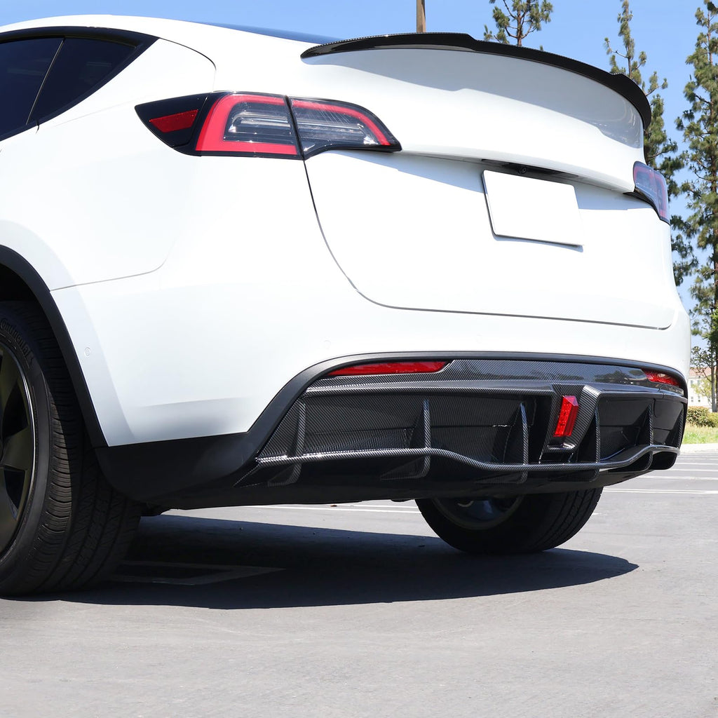 FREEMOTOR802 Rear Diffuser with LED Light Fits 2020-2024 Tesla Model Y, Add-on Carbon Fiber Print PP IKON Style Rear Bumper Molding Protector Lip with LED Lamp